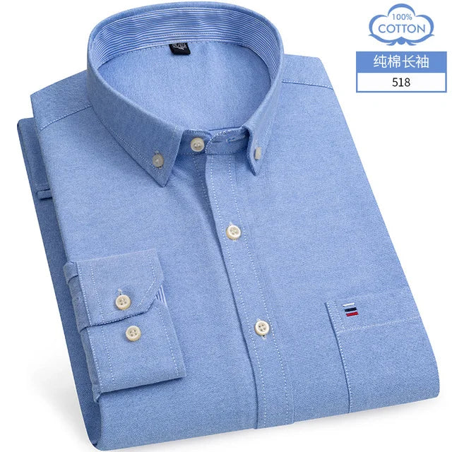 New S-7XLCotton Oxford Shirt For Mens Long Sleeve Plaid Striped Casual Shirts Male Pocket Regular-Fit Button-Down Work Man Shirt