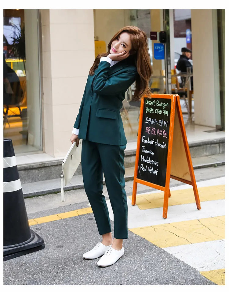 New Arrived Women Suit Fashion Slim Business Office OL Dark Green Jacket Set Formal Blazer + Pants Suits Feminino Female