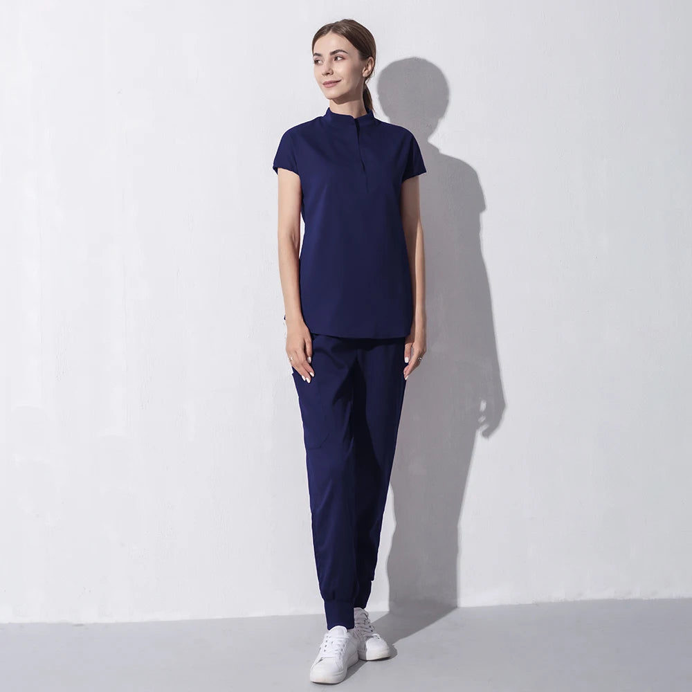 High Quality Denim Gray Scrubs Suits Tooth Check Workwear Spa Uniforms Beautician Scrub Work Suit Wholesale Scrubs Women Uniform