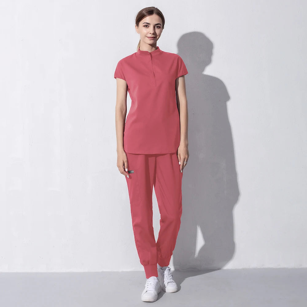 High Quality Denim Gray Scrubs Suits Tooth Check Workwear Spa Uniforms Beautician Scrub Work Suit Wholesale Scrubs Women Uniform