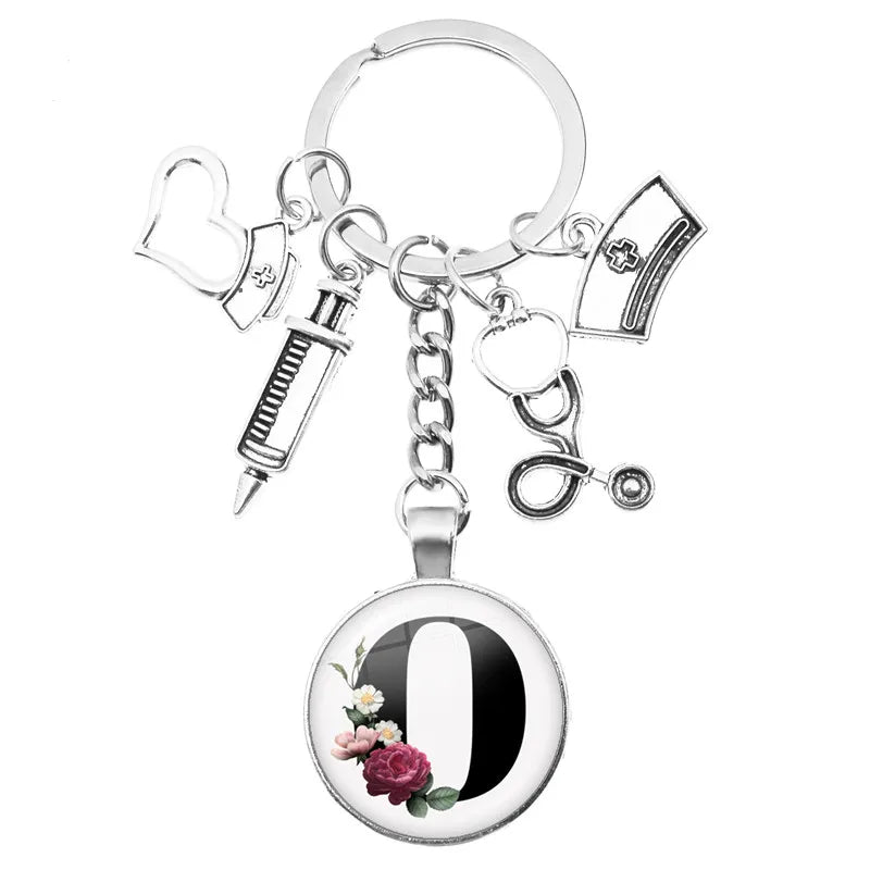 Latest Home Stethoscope Nurse Syringe Keychain A-Z Round Glass Dome Cabochon Pendant Men and Women Fashion Charm Keychain