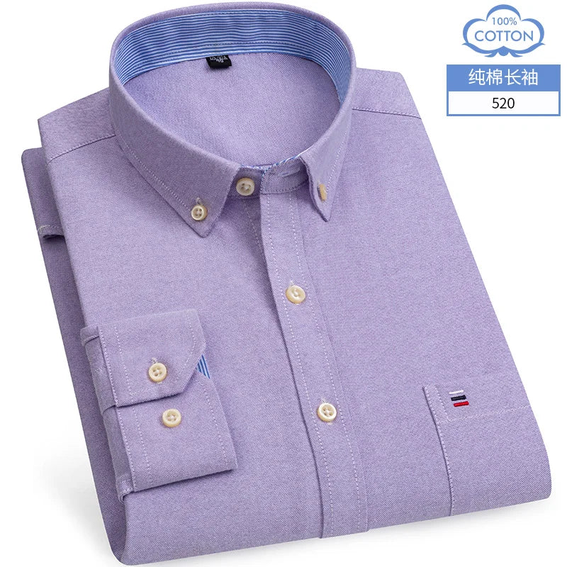 New S-7XLCotton Oxford Shirt For Mens Long Sleeve Plaid Striped Casual Shirts Male Pocket Regular-Fit Button-Down Work Man Shirt
