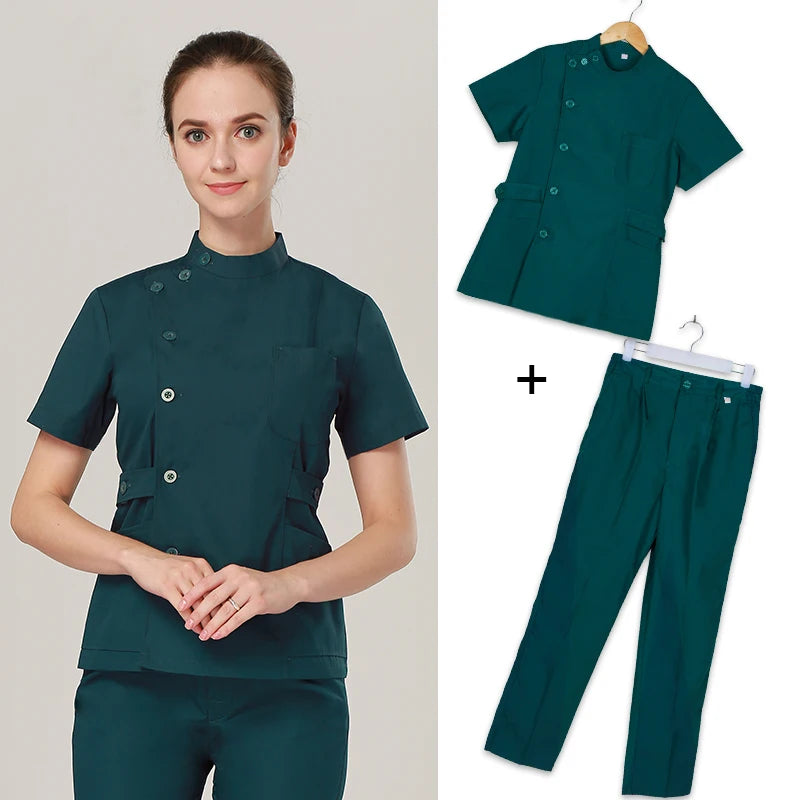 Clearance Scrub Set Uniform Solid Color Workwear Scrubs Uniforms Round Neck Women Men Working Suit Beautician Outfit Top Pant