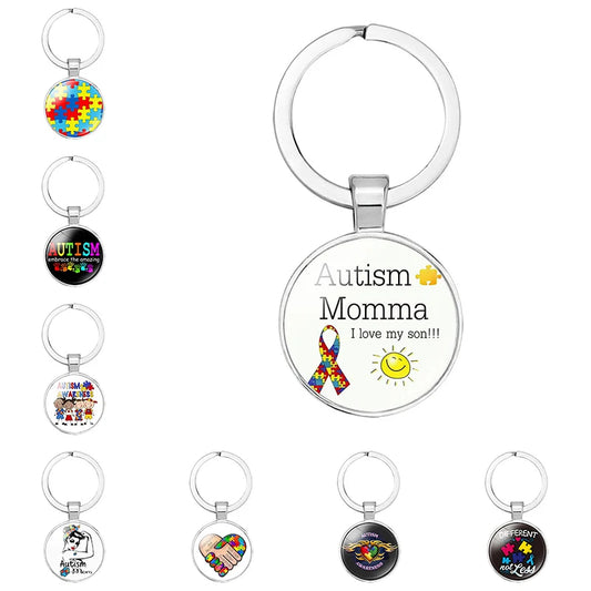 AUTISM Awareness Children Keychain For Boy Girls Glass Pendant Keyring Mom Key chain Accessories Gift