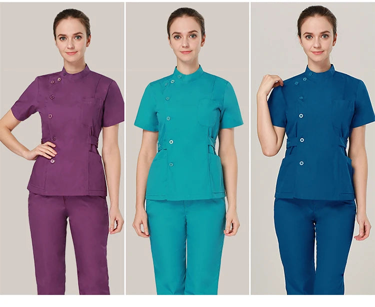 Clearance Scrub Set Uniform Solid Color Workwear Scrubs Uniforms Round Neck Women Men Working Suit Beautician Outfit Top Pant