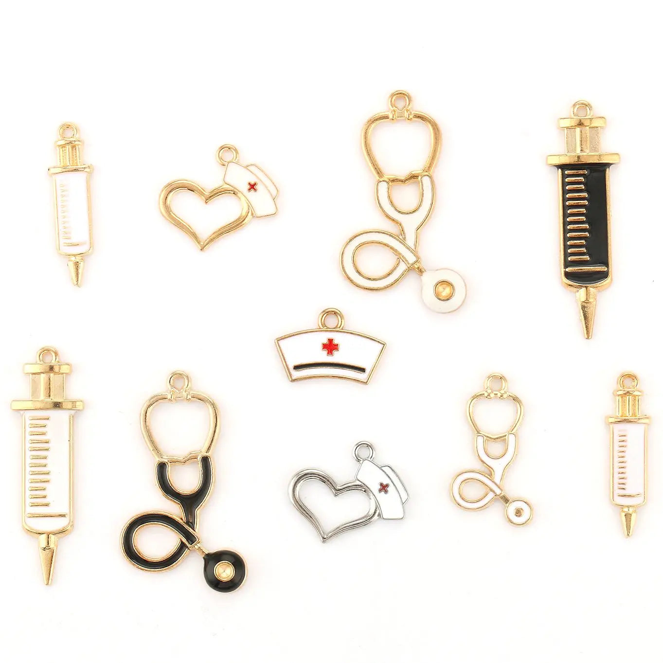 10pcs Nurse Medical Tool Injection Syringe Stethoscope Image Nurse Cap Charm Pendant Necklace Keychain For DIY Jewelry Making