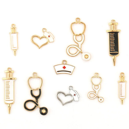 10pcs Nurse Medical Tool Injection Syringe Stethoscope Image Nurse Cap Charm Pendant Necklace Keychain For DIY Jewelry Making