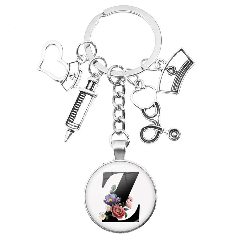 Latest Home Stethoscope Nurse Syringe Keychain A-Z Round Glass Dome Cabochon Pendant Men and Women Fashion Charm Keychain