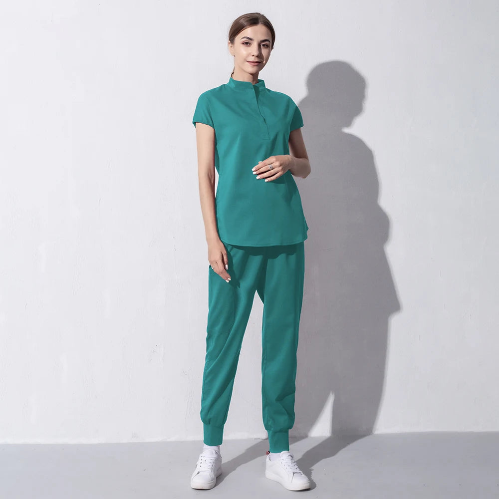 High Quality Denim Gray Scrubs Suits Tooth Check Workwear Spa Uniforms Beautician Scrub Work Suit Wholesale Scrubs Women Uniform