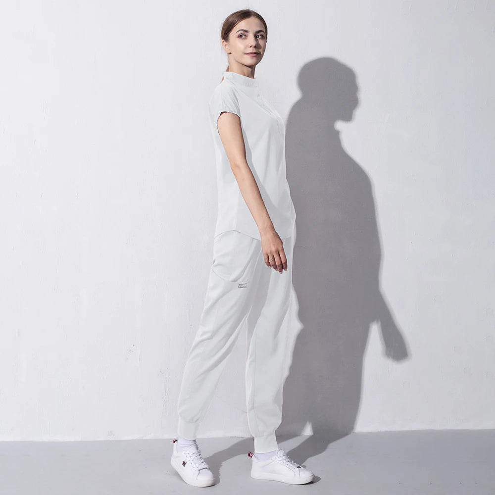 High Quality Denim Gray Scrubs Suits Tooth Check Workwear Spa Uniforms Beautician Scrub Work Suit Wholesale Scrubs Women Uniform