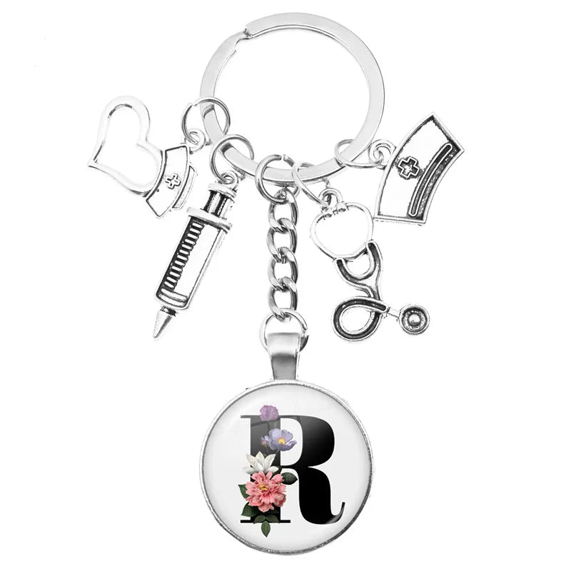 Latest Home Stethoscope Nurse Syringe Keychain A-Z Round Glass Dome Cabochon Pendant Men and Women Fashion Charm Keychain