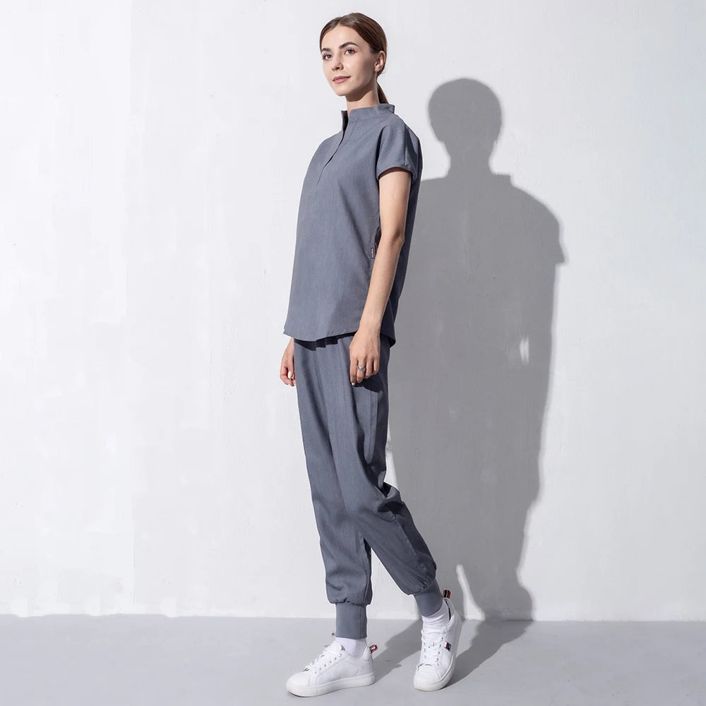 High Quality Denim Gray Scrubs Suits Tooth Check Workwear Spa Uniforms Beautician Scrub Work Suit Wholesale Scrubs Women Uniform