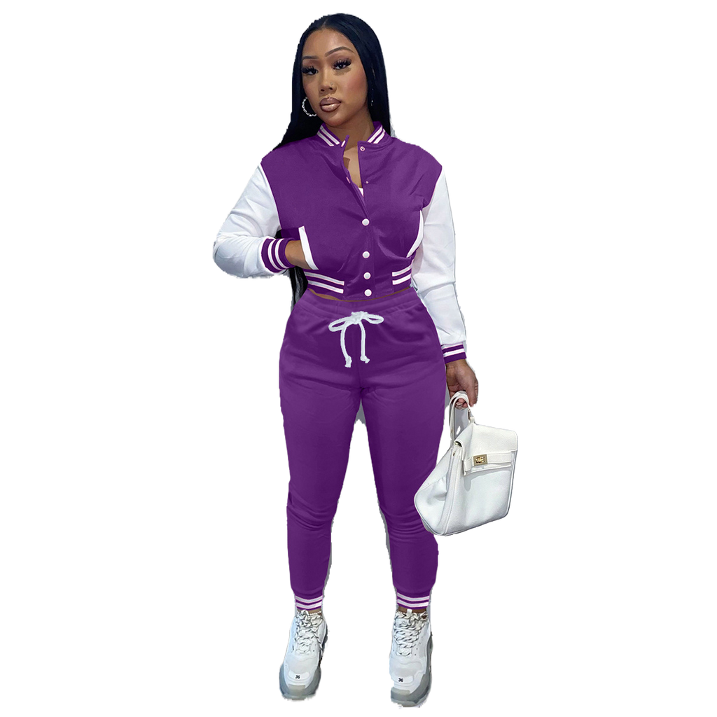 New Women's Stitching Jacket Single-breasted Baseball Sports Two-piece Suit