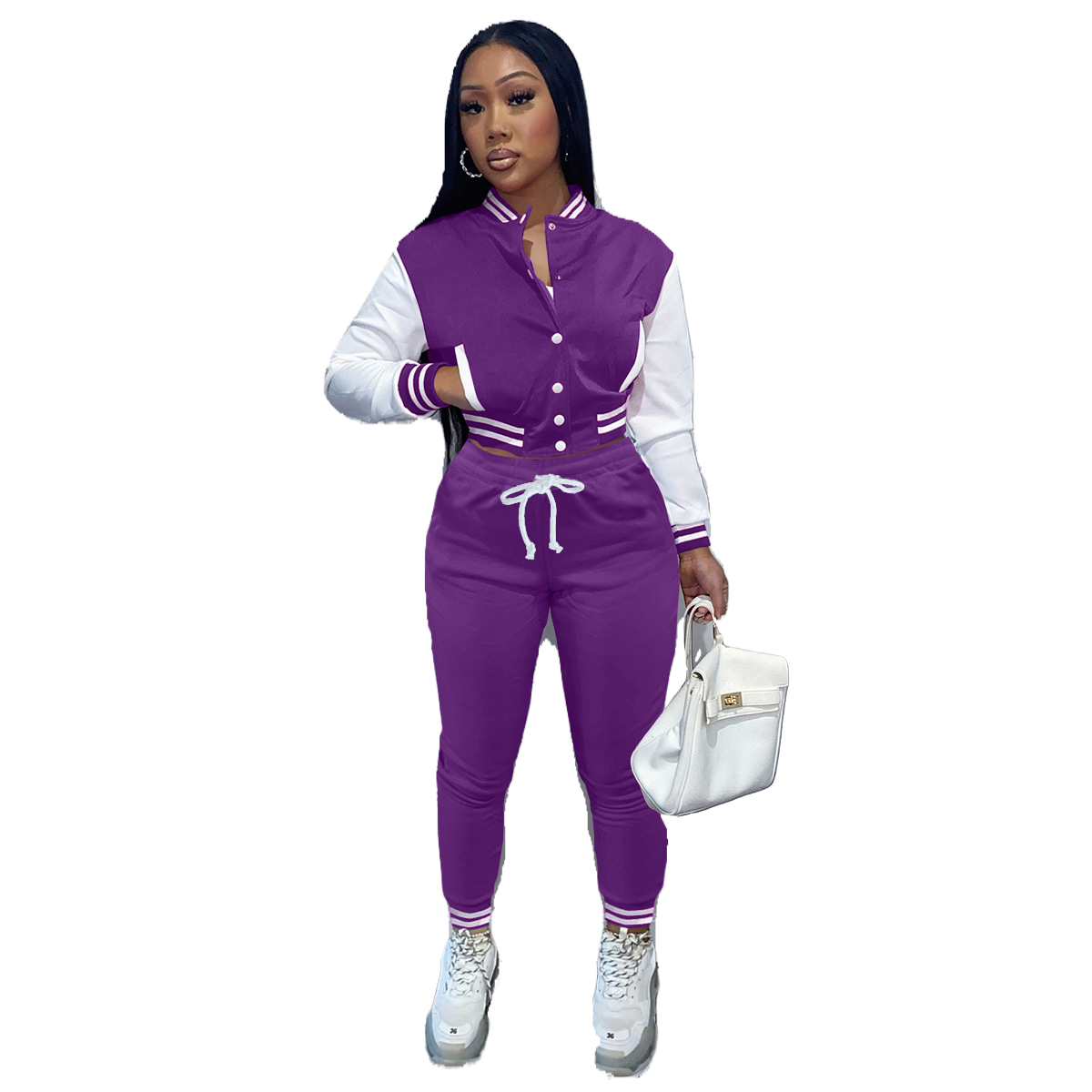 New Women's Stitching Jacket Single-breasted Baseball Sports Two-piece Suit