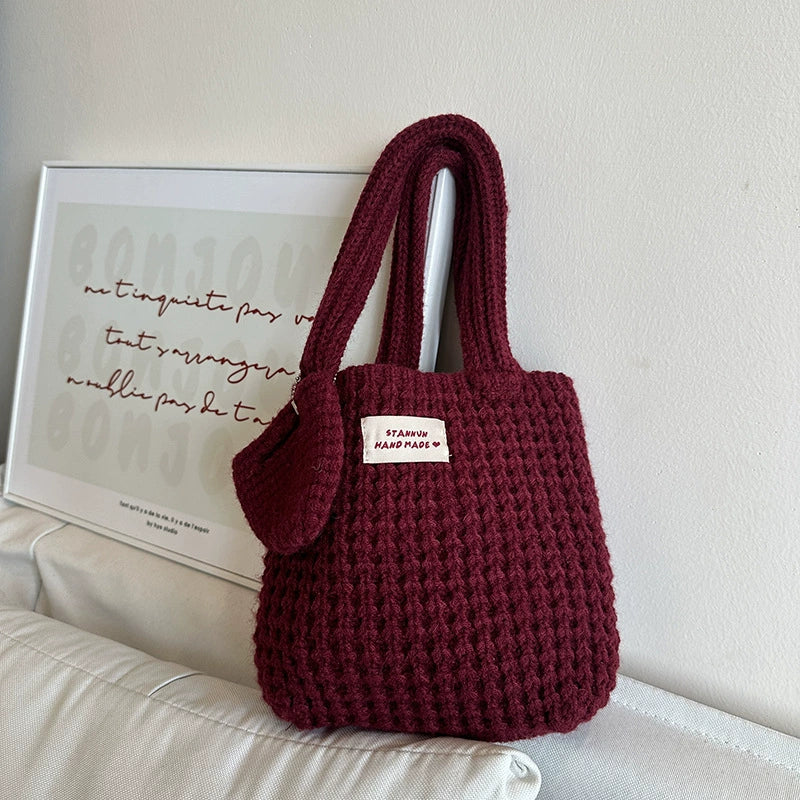 Woven Bag K-style Ins Pure Color Knitting Women's Pure Bag Cute Wool Handbag Autumn and Winter Wild Walking Hand Bag