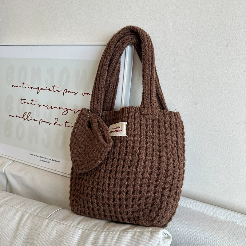 Woven Bag K-style Ins Pure Color Knitting Women's Pure Bag Cute Wool Handbag Autumn and Winter Wild Walking Hand Bag
