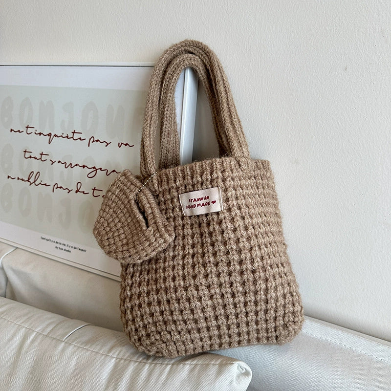 Woven Bag K-style Ins Pure Color Knitting Women's Pure Bag Cute Wool Handbag Autumn and Winter Wild Walking Hand Bag