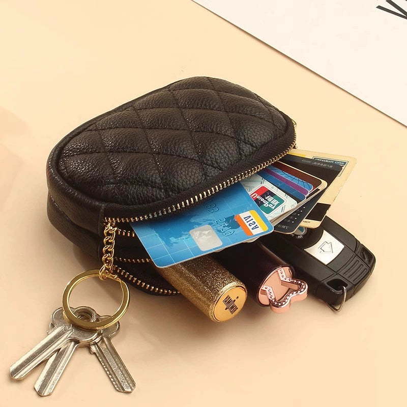 2024 New Arrival First Layer Cowhide Quilted Embroidery Thread Key Ring Buckle Coin Bag Double Layer Zipper Genuine Leather Mini Purse Women