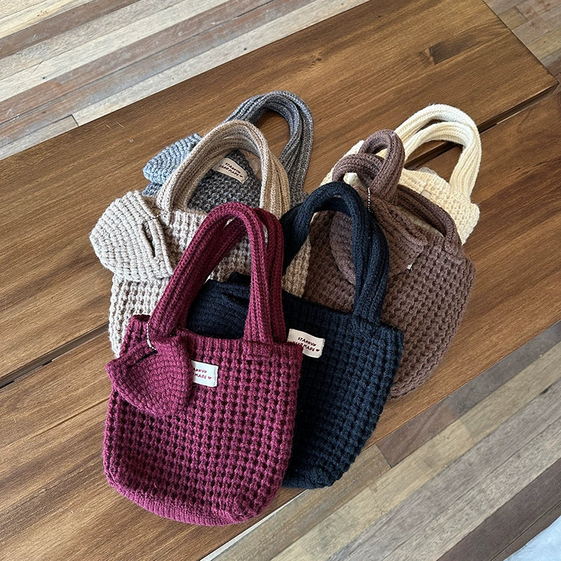 Woven Bag K-style Ins Pure Color Knitting Women's Pure Bag Cute Wool Handbag Autumn and Winter Wild Walking Hand Bag