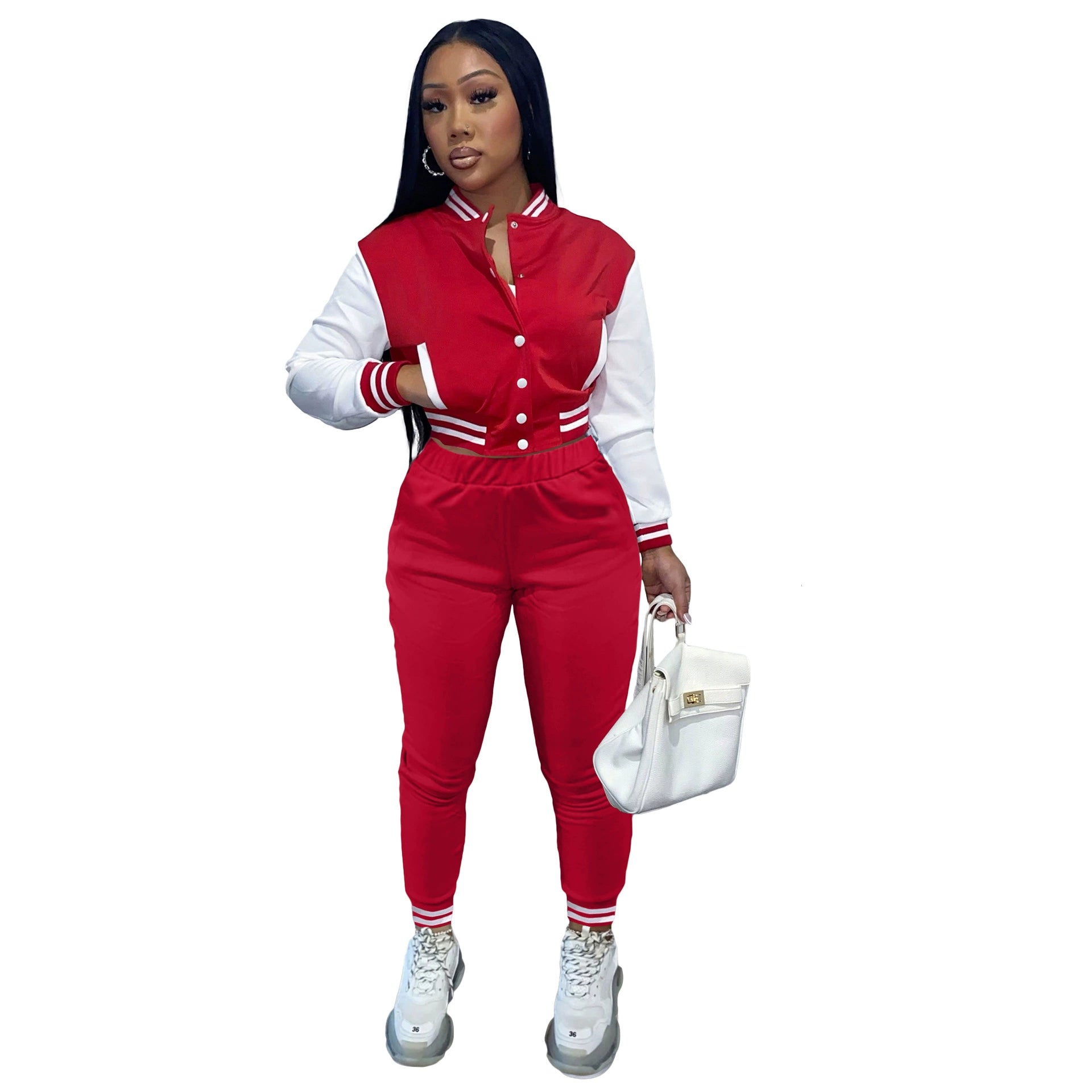 New Women's Stitching Jacket Single-breasted Baseball Sports Two-piece Suit