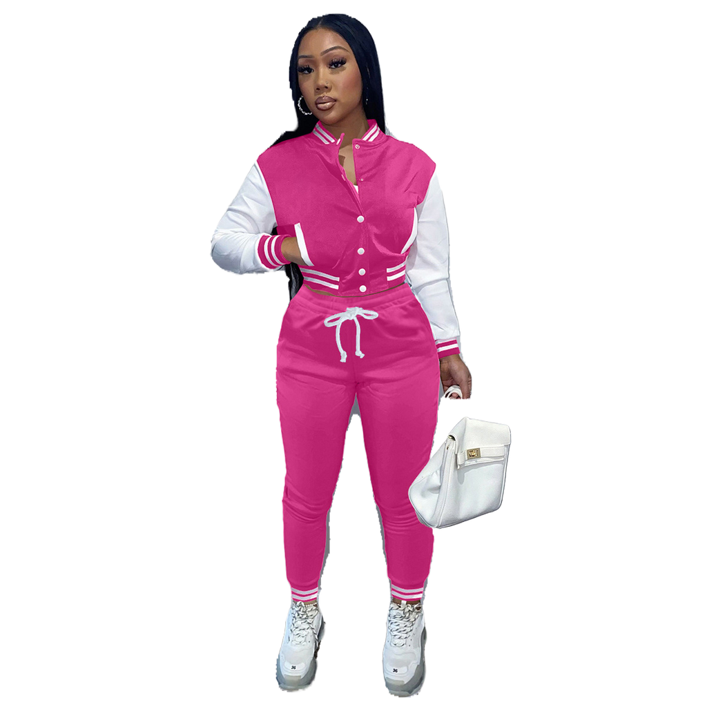 New Women's Stitching Jacket Single-breasted Baseball Sports Two-piece Suit