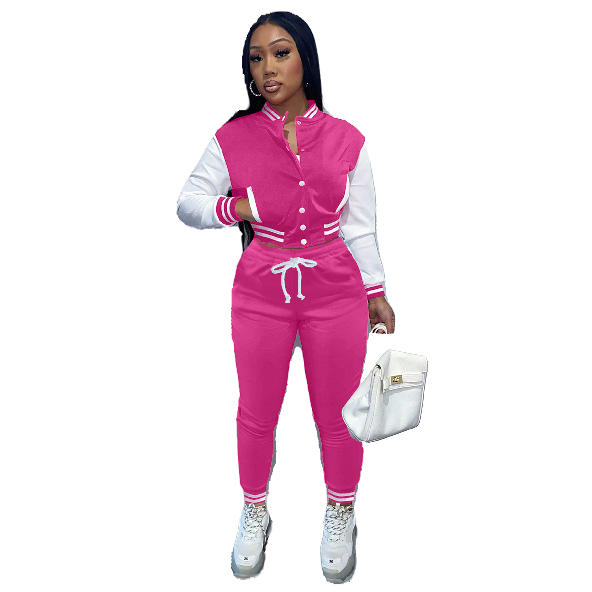 New Women's Stitching Jacket Single-breasted Baseball Sports Two-piece Suit