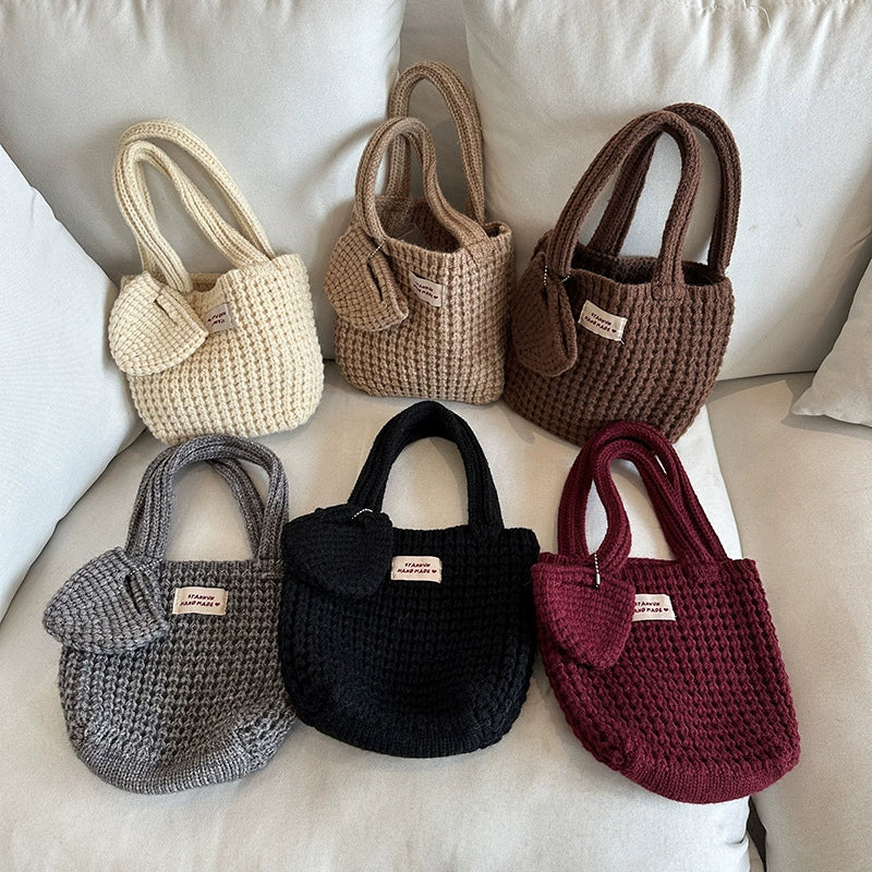 Woven Bag K-style Ins Pure Color Knitting Women's Pure Bag Cute Wool Handbag Autumn and Winter Wild Walking Hand Bag