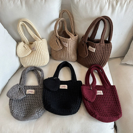 Woven Bag K-style Ins Pure Color Knitting Women's Pure Bag Cute Wool Handbag Autumn and Winter Wild Walking Hand Bag