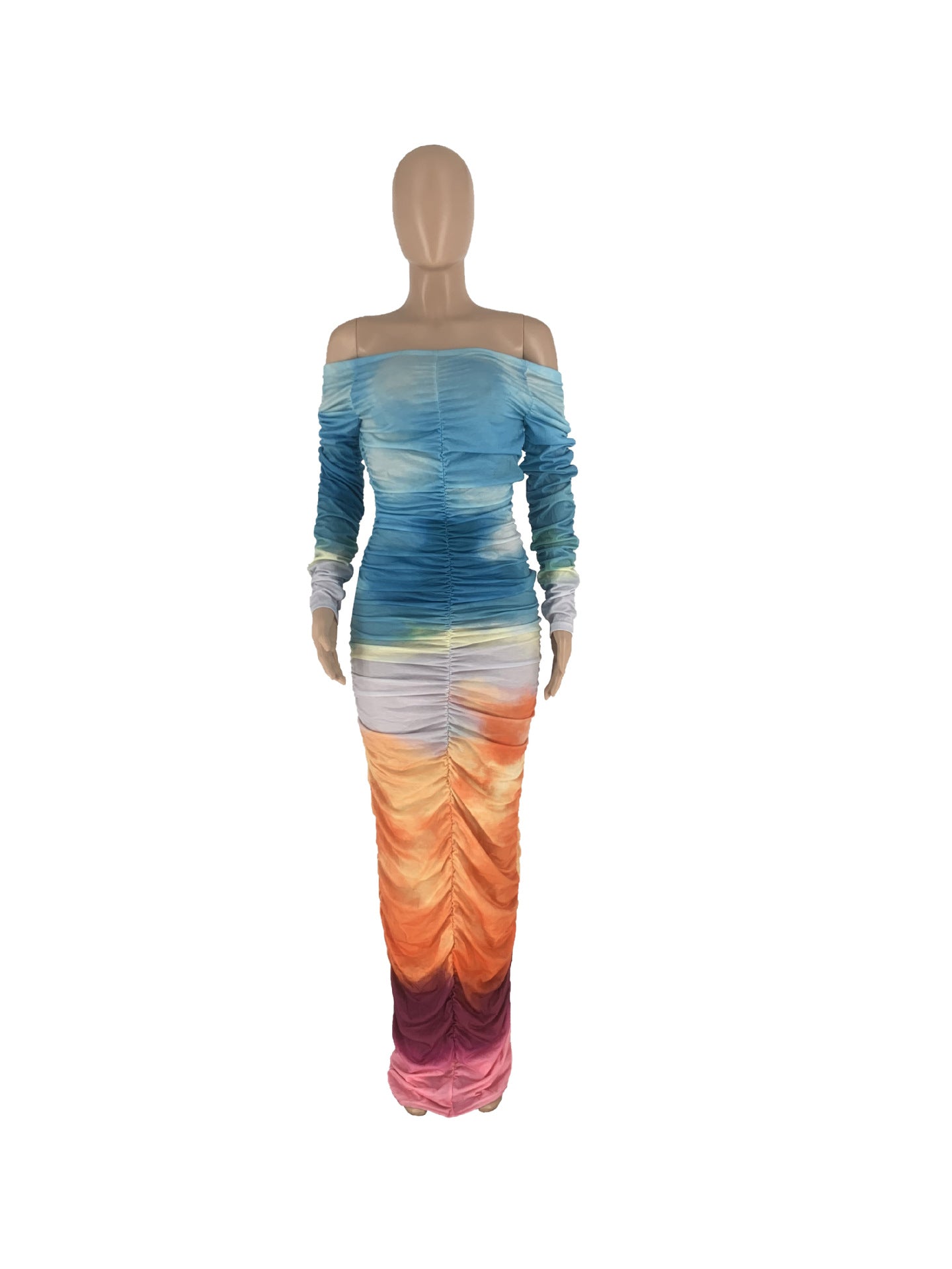 CM.YAYA Women Gradient Tie Dye Printed Off Shoulder Long Sleeve Maxi Long Midi Bodycon Ruched Dress 2023 Sexy Party Club Dresses