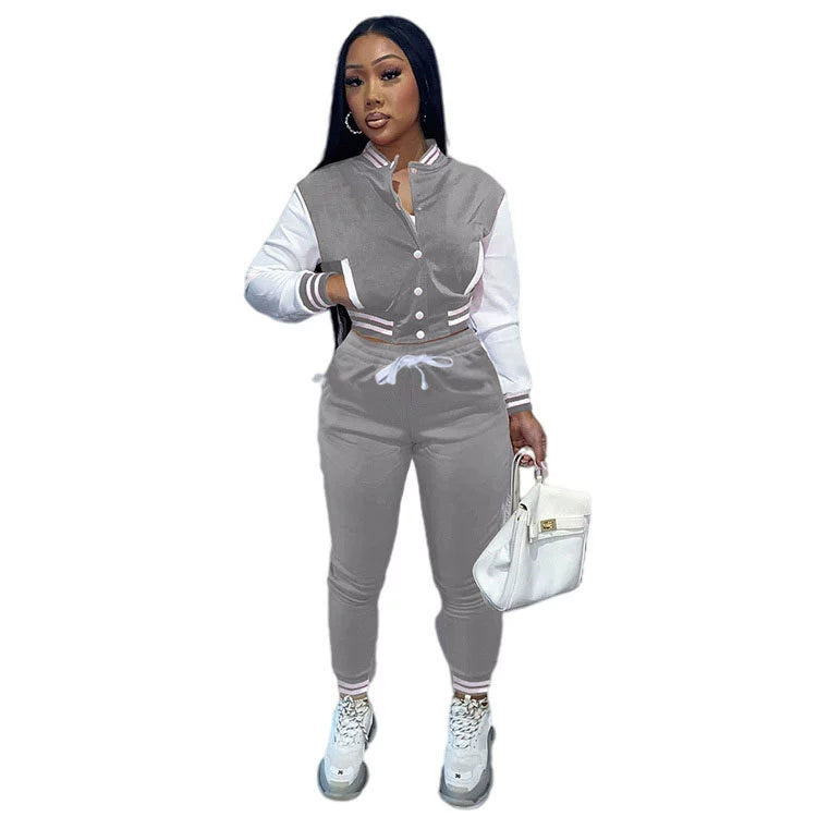 New Women's Stitching Jacket Single-breasted Baseball Sports Two-piece Suit