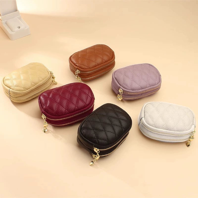 2024 New Arrival First Layer Cowhide Quilted Embroidery Thread Key Ring Buckle Coin Bag Double Layer Zipper Genuine Leather Mini Purse Women