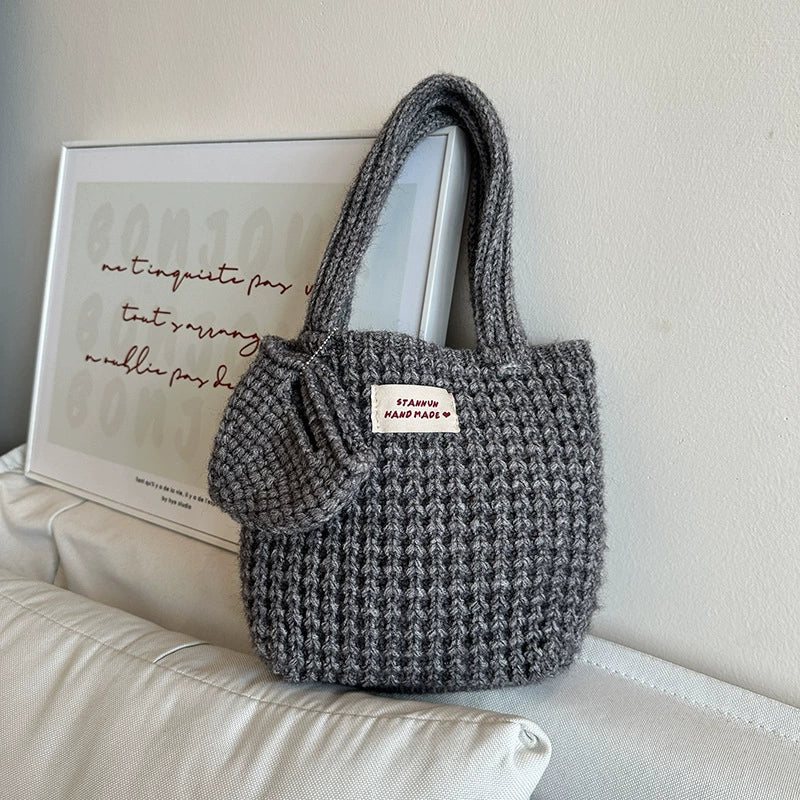 Woven Bag K-style Ins Pure Color Knitting Women's Pure Bag Cute Wool Handbag Autumn and Winter Wild Walking Hand Bag