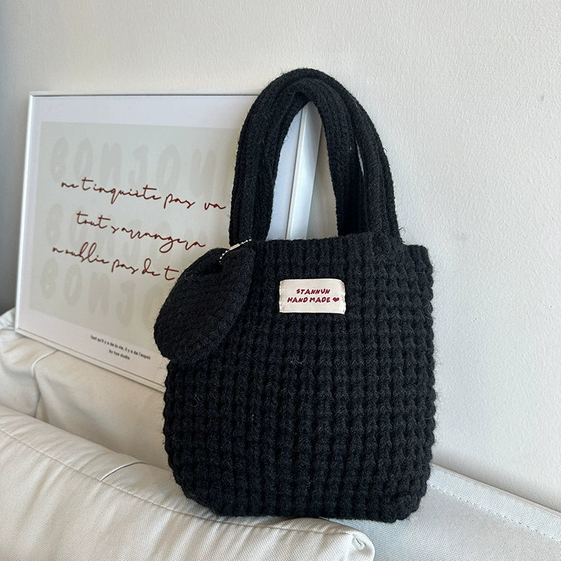 Woven Bag K-style Ins Pure Color Knitting Women's Pure Bag Cute Wool Handbag Autumn and Winter Wild Walking Hand Bag