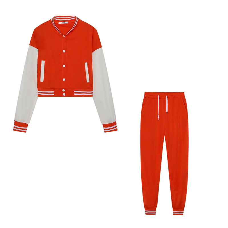 New Women's Stitching Jacket Single-breasted Baseball Sports Two-piece Suit