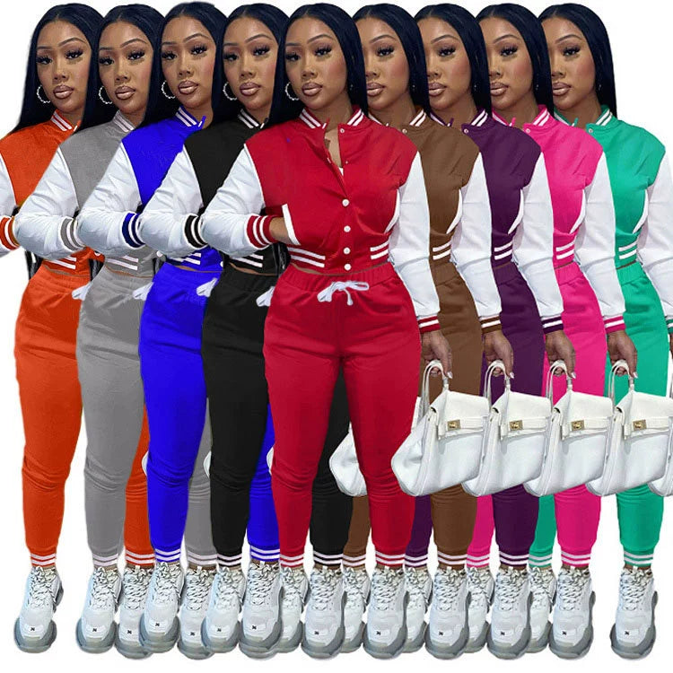 New Women's Stitching Jacket Single-breasted Baseball Sports Two-piece Suit