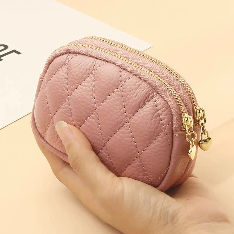 2024 New Arrival First Layer Cowhide Quilted Embroidery Thread Key Ring Buckle Coin Bag Double Layer Zipper Genuine Leather Mini Purse Women