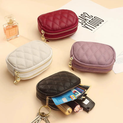 2024 New Arrival First Layer Cowhide Quilted Embroidery Thread Key Ring Buckle Coin Bag Double Layer Zipper Genuine Leather Mini Purse Women