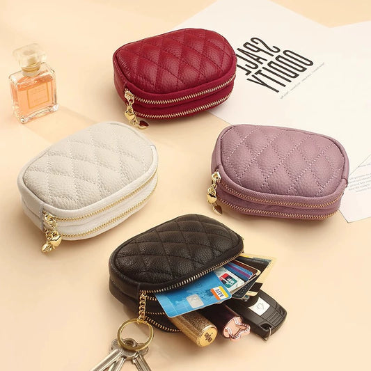 2024 New Arrival First Layer Cowhide Quilted Embroidery Thread Key Ring Buckle Coin Bag Double Layer Zipper Genuine Leather Mini Purse Women