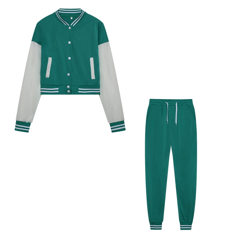 New Women's Stitching Jacket Single-breasted Baseball Sports Two-piece Suit