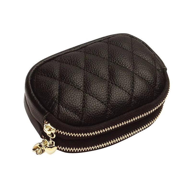 2024 New Arrival First Layer Cowhide Quilted Embroidery Thread Key Ring Buckle Coin Bag Double Layer Zipper Genuine Leather Mini Purse Women