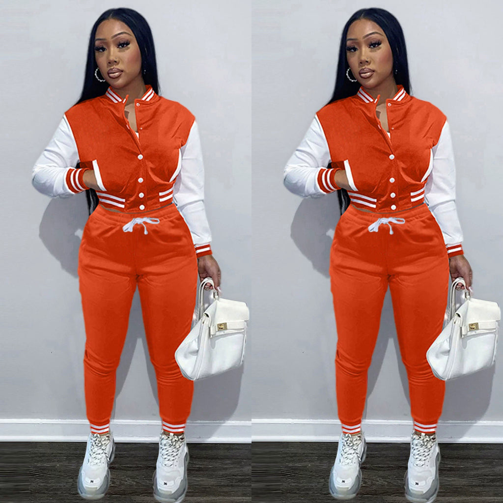 New Women's Stitching Jacket Single-breasted Baseball Sports Two-piece Suit
