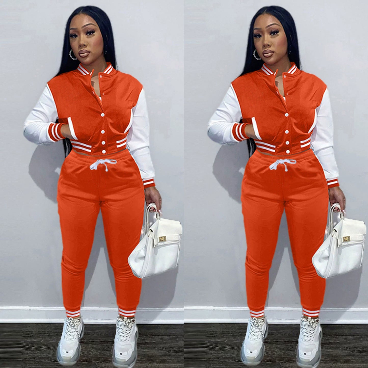 New Women's Stitching Jacket Single-breasted Baseball Sports Two-piece Suit