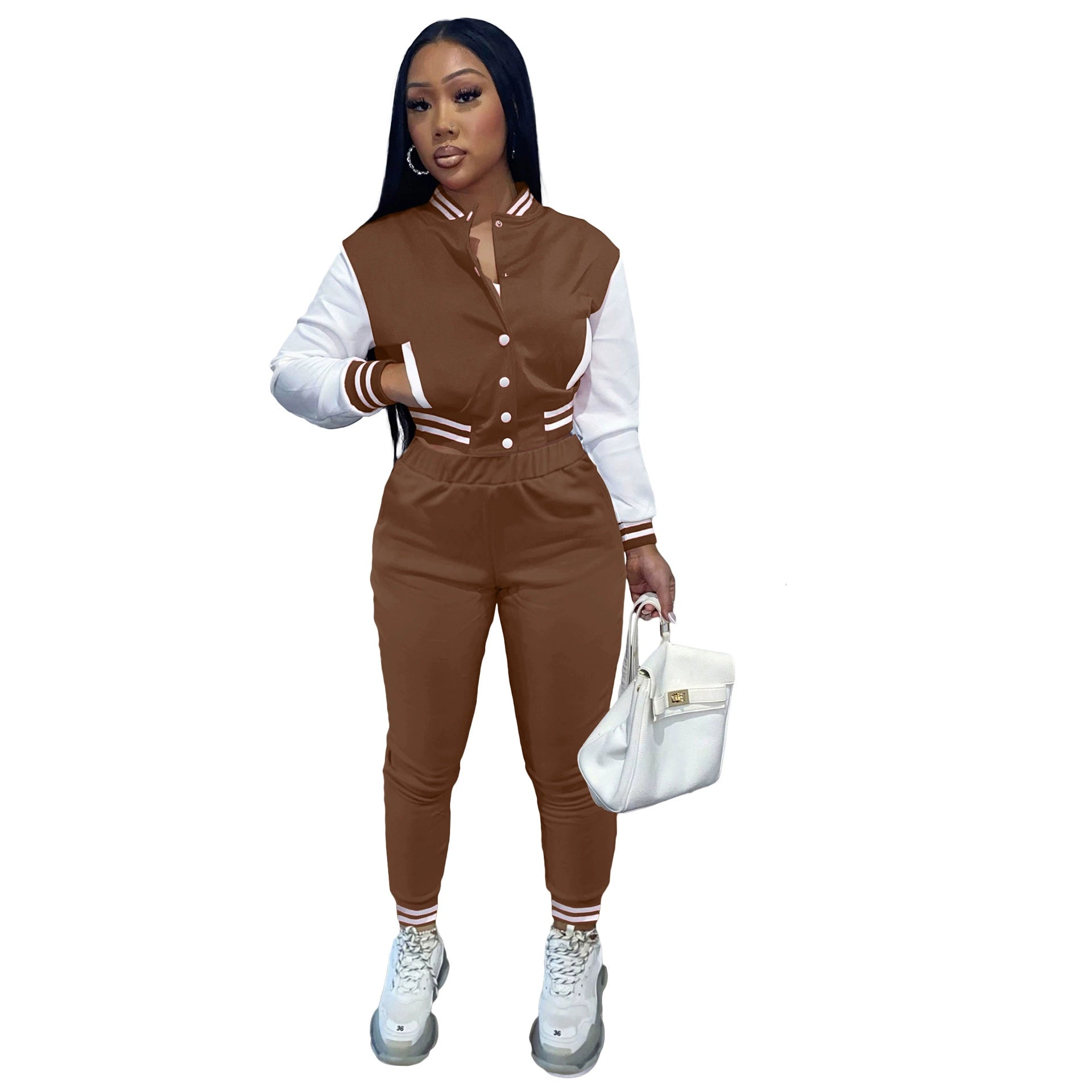New Women's Stitching Jacket Single-breasted Baseball Sports Two-piece Suit