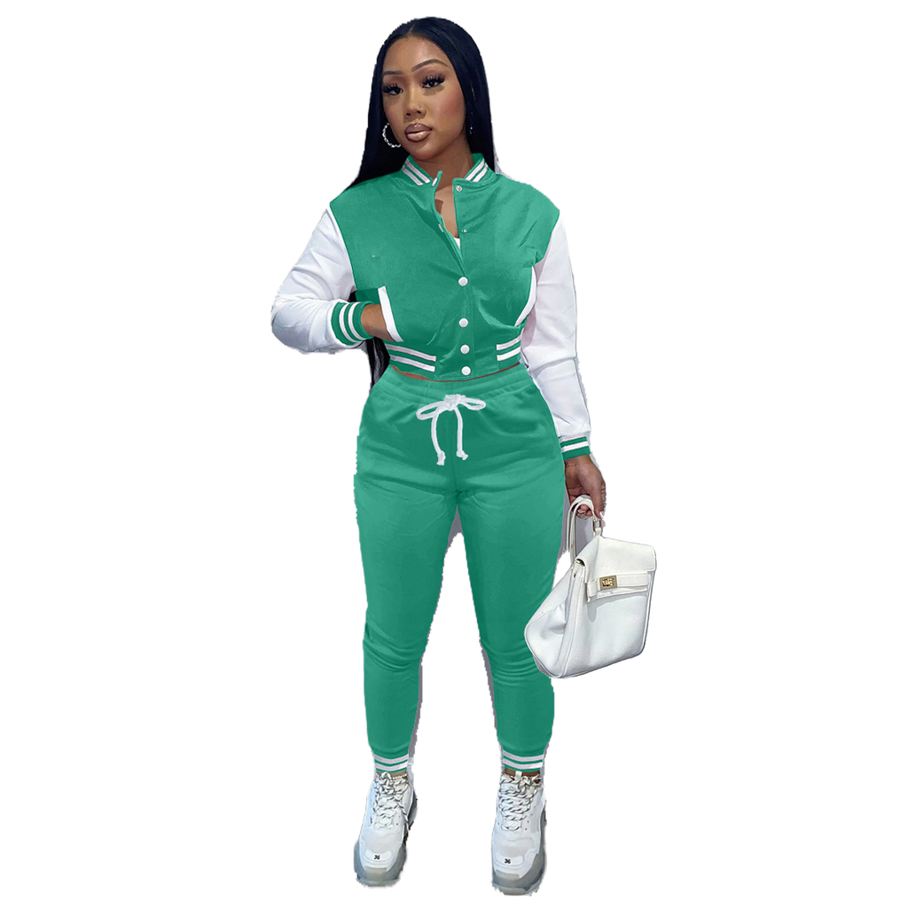 New Women's Stitching Jacket Single-breasted Baseball Sports Two-piece Suit