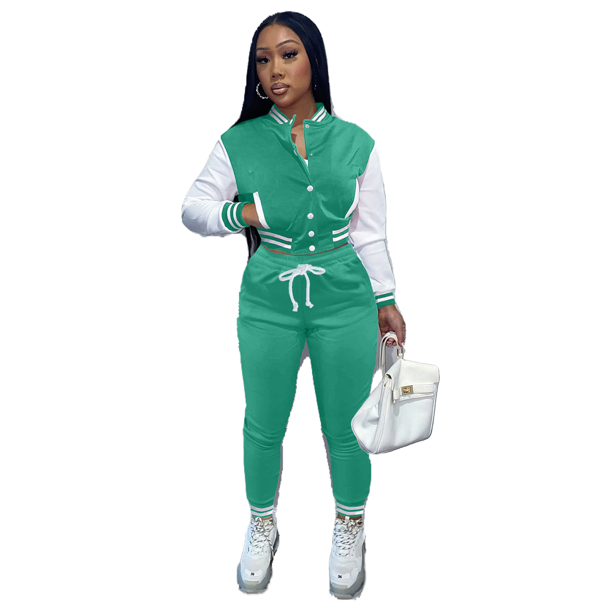 New Women's Stitching Jacket Single-breasted Baseball Sports Two-piece Suit