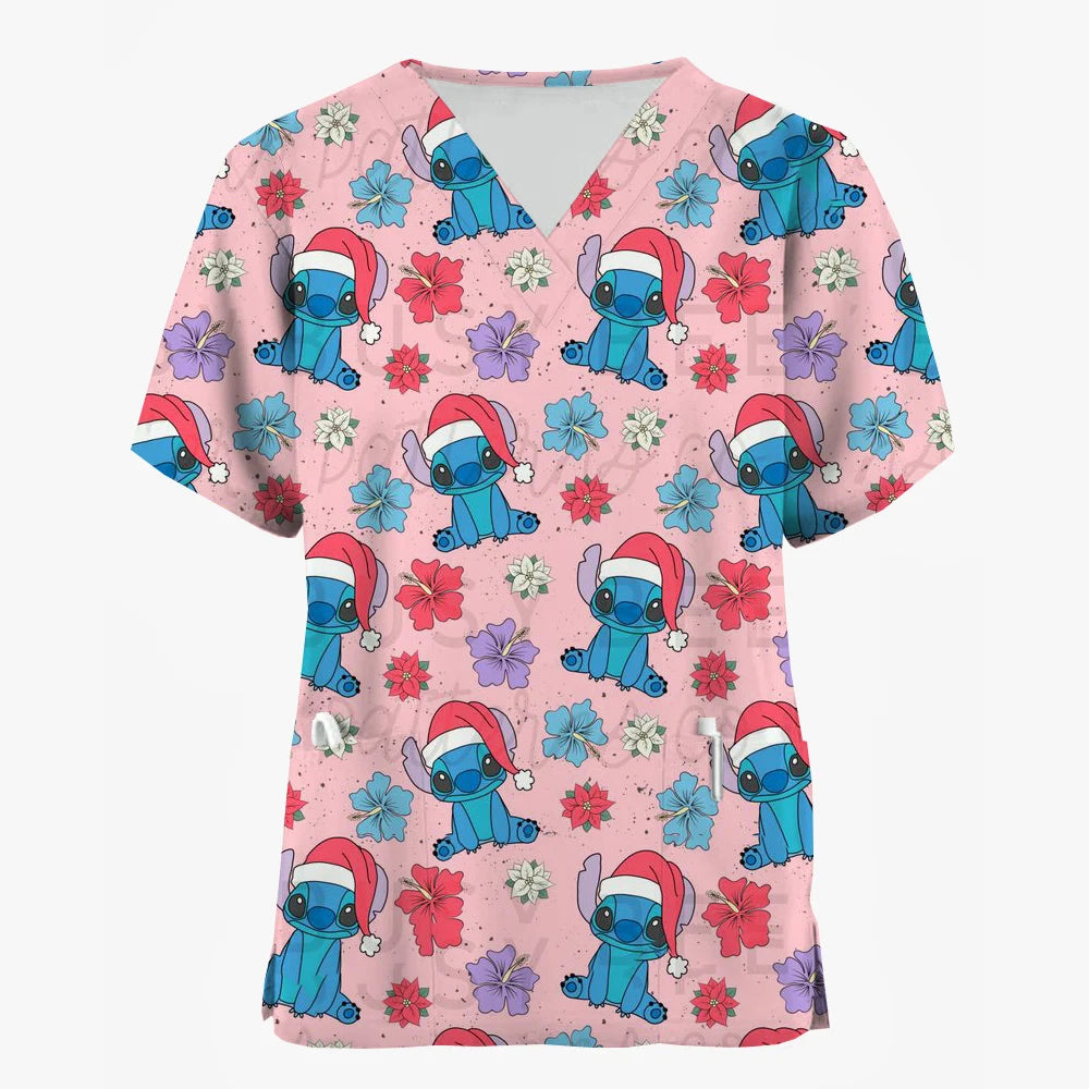 Nurse Uniforms Women Merry Christmas Print Short Sleeve Stitch Scrubs Working Medical Blouse Overalls Uniforms Medical Nursing