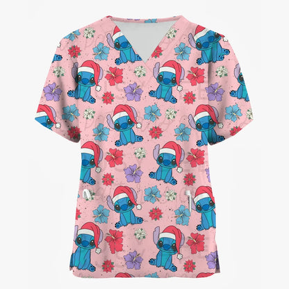 Nurse Uniforms Women Merry Christmas Print Short Sleeve Stitch Scrubs Working Medical Blouse Overalls Uniforms Medical Nursing