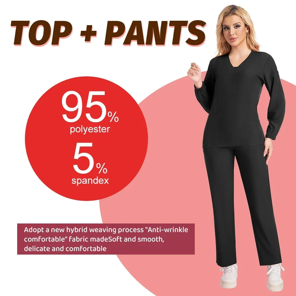 Long sleeves Scrubs Medical Scrub Soft Breathable Jogger Pants Set Surgical Uniforms Woman NursingClinical Doctor Workwear