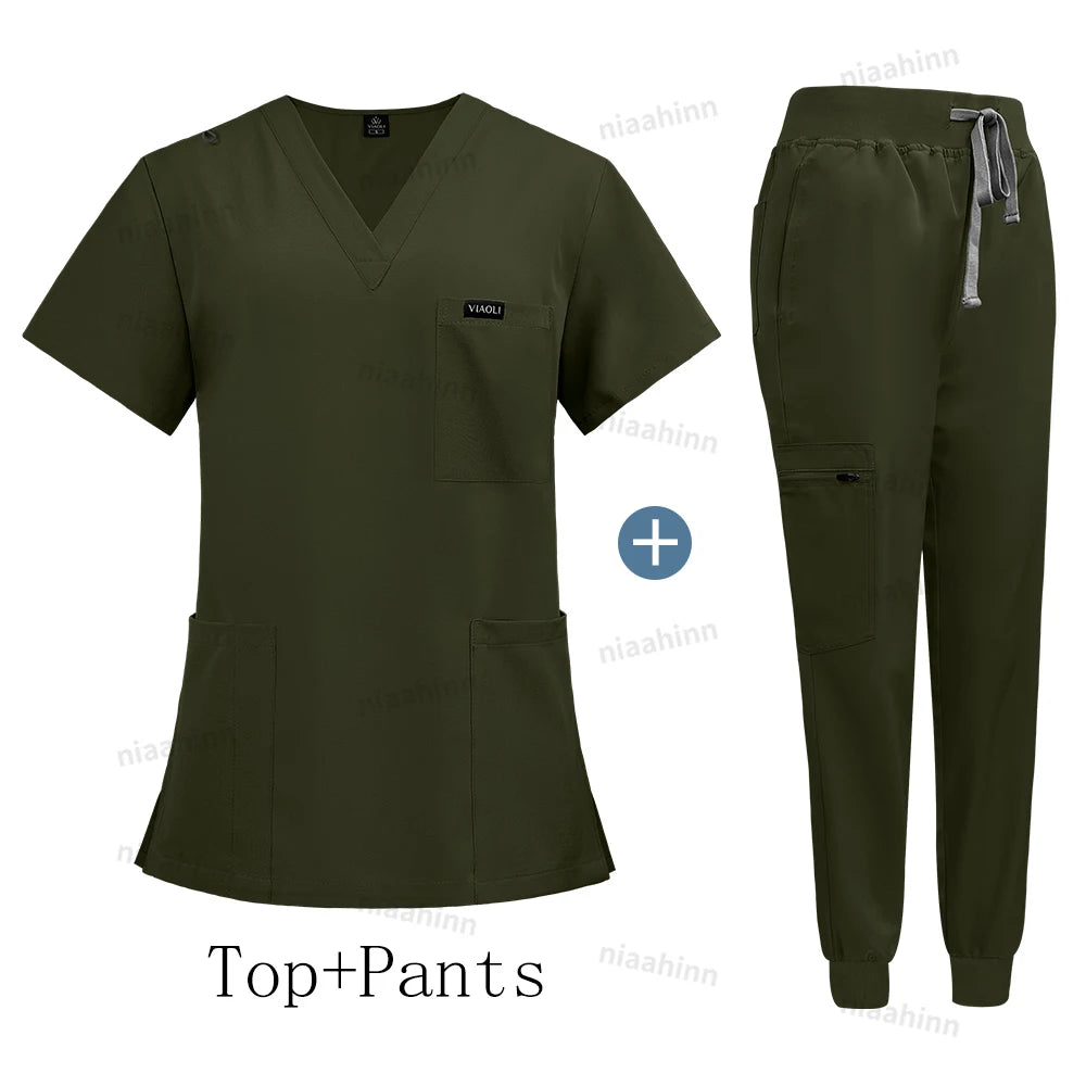 Wholesale Price Clinical Uniform Woman Hospital Doctor Work Wear Nurse Medical Clothing Short Sleeved Top Jogging Pants Set Mens
