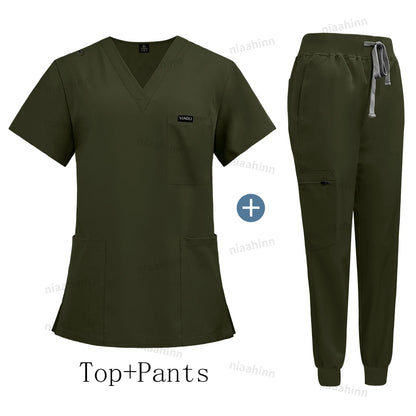 Wholesale Price Clinical Uniform Woman Hospital Doctor Work Wear Nurse Medical Clothing Short Sleeved Top Jogging Pants Set Mens